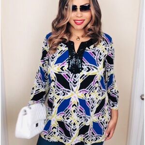 JM COLLECTION Geometric Tunic Sequin Collar Blue Multicolor Plus Size 2X Blouse